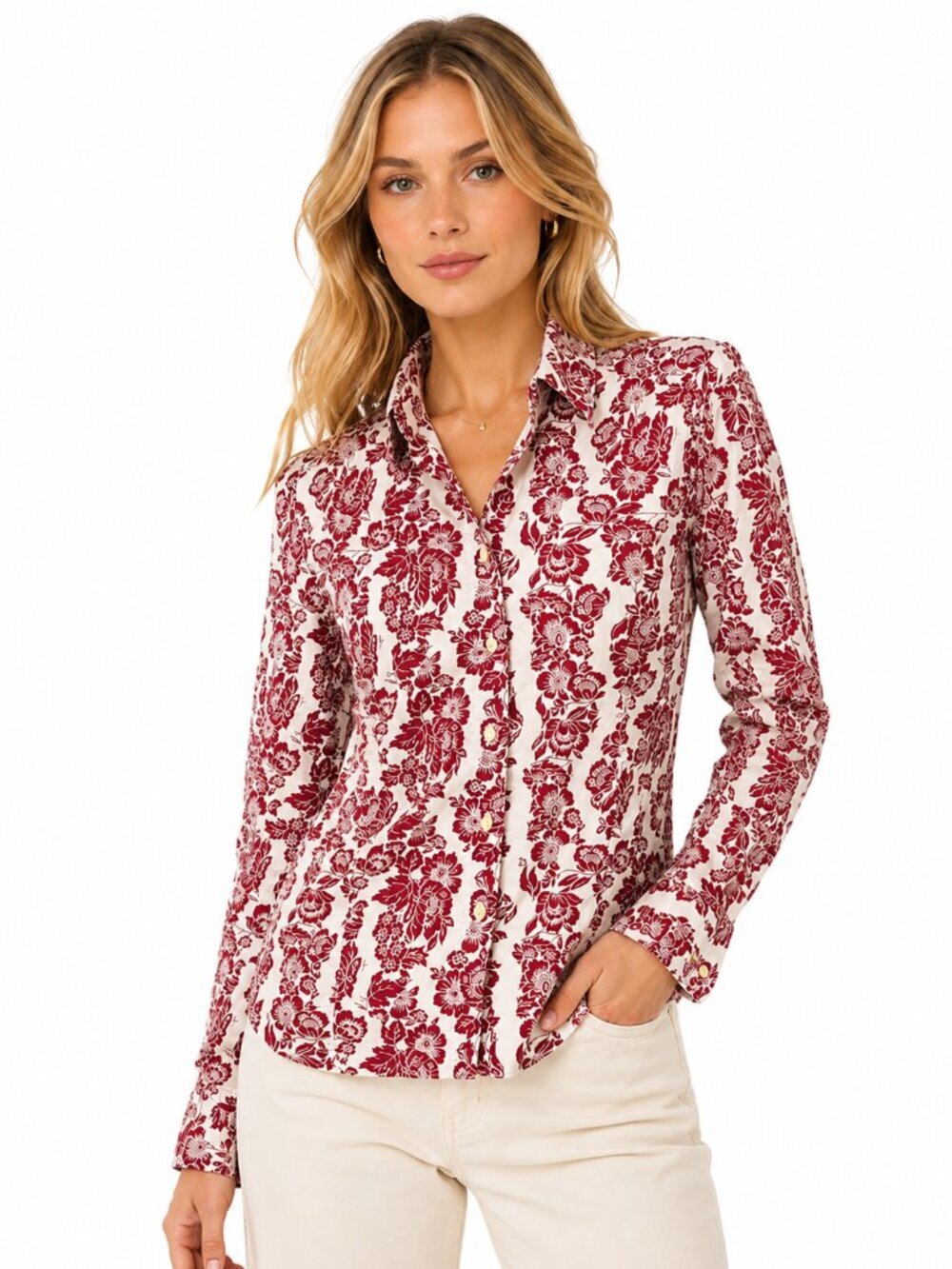 Faithfull The Brand Womens Estelle Fitted Button Shirt Red White Floral Size 6
